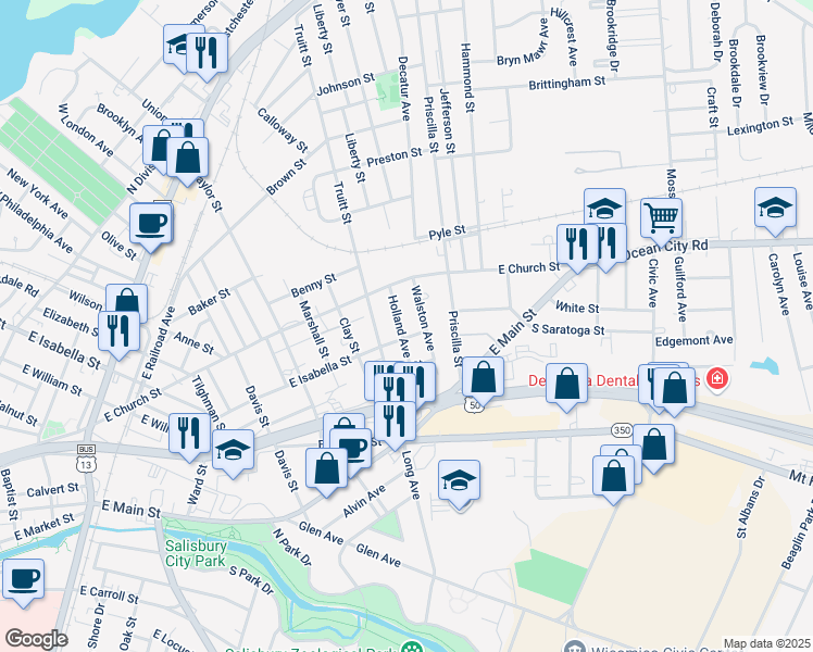 map of restaurants, bars, coffee shops, grocery stores, and more near 208 Holland Avenue in Salisbury