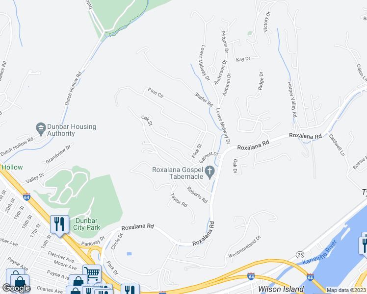 map of restaurants, bars, coffee shops, grocery stores, and more near 113 Oak Street in Dunbar