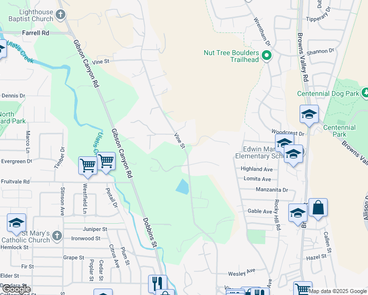 map of restaurants, bars, coffee shops, grocery stores, and more near Vine St & Alta Mira Dr in Vacaville