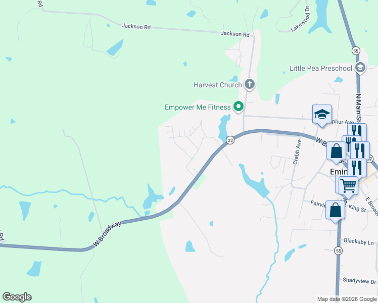 map of restaurants, bars, coffee shops, grocery stores, and more near Harvest Drive in Eminence