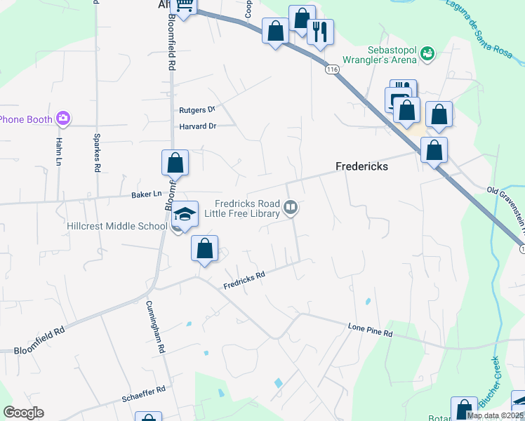 map of restaurants, bars, coffee shops, grocery stores, and more near 6034 Fredricks Road in Sebastopol