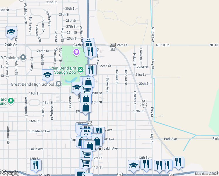 map of restaurants, bars, coffee shops, grocery stores, and more near 1901-1999 Holland Street in Great Bend