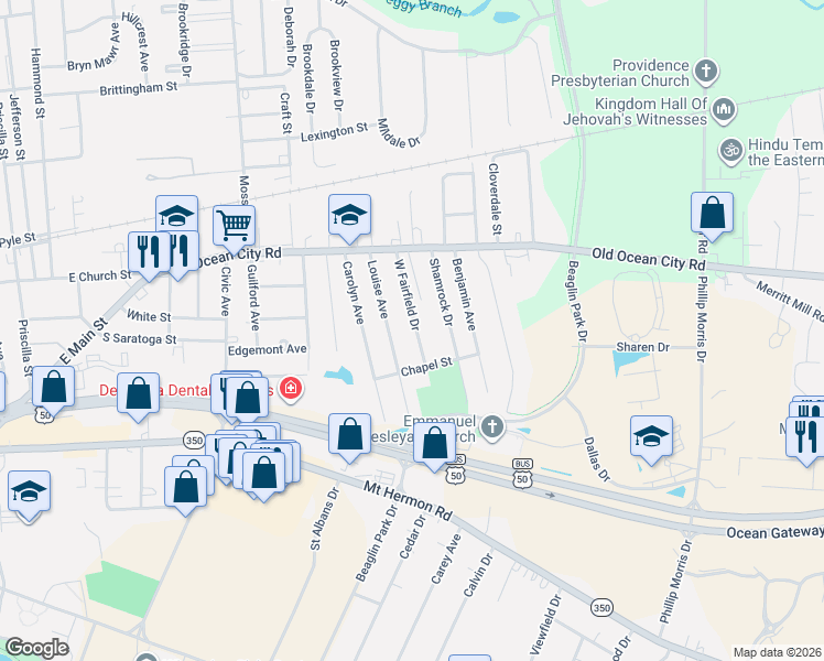 map of restaurants, bars, coffee shops, grocery stores, and more near 118 West Fairfield Drive in Salisbury