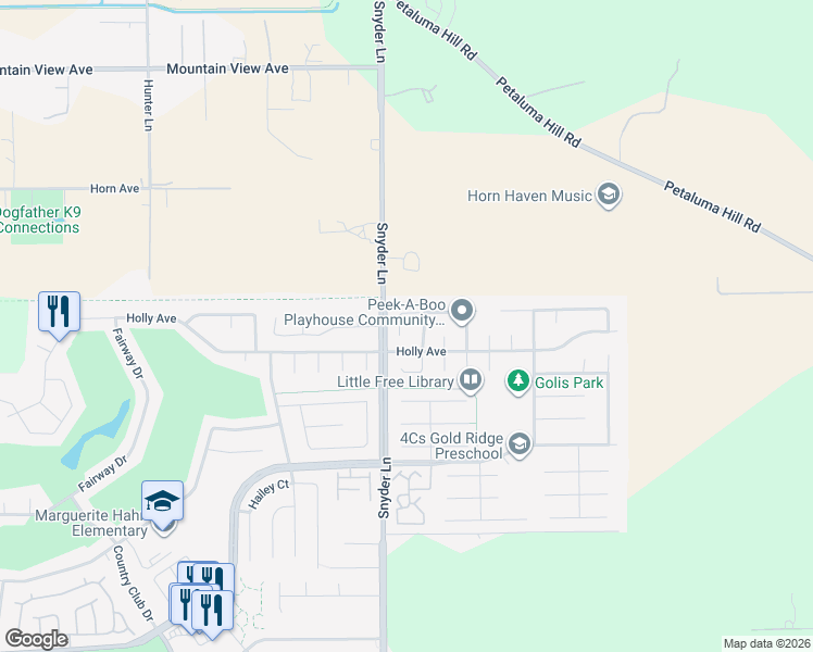 map of restaurants, bars, coffee shops, grocery stores, and more near 1315 Gillpepper Ln in Rohnert Park