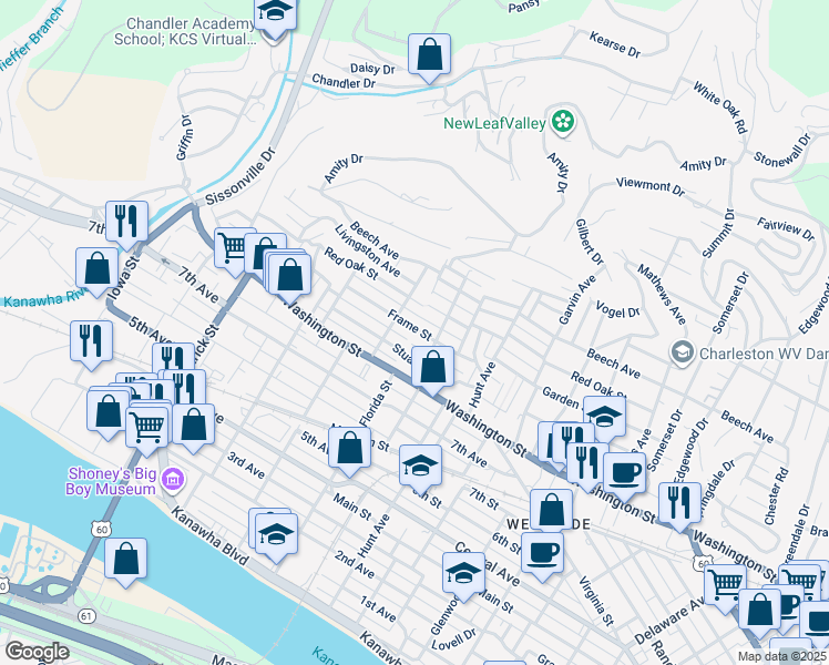 map of restaurants, bars, coffee shops, grocery stores, and more near 1327 Frame St in Charleston