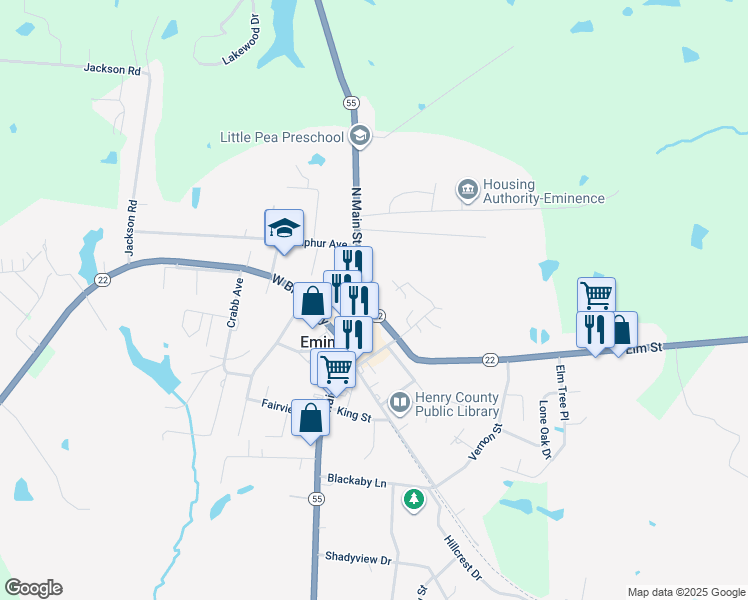 map of restaurants, bars, coffee shops, grocery stores, and more near 30 Elm Street in Eminence