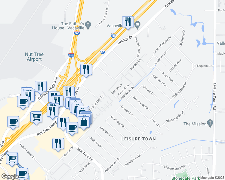 map of restaurants, bars, coffee shops, grocery stores, and more near 172 Bounty Lane in Vacaville
