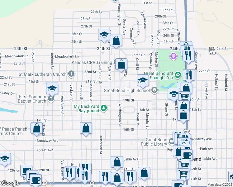 map of restaurants, bars, coffee shops, grocery stores, and more near 2601-2699 20th Street in Great Bend