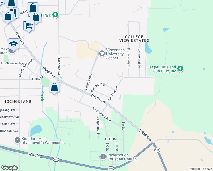 map of restaurants, bars, coffee shops, grocery stores, and more near 1101 Woodlawn Drive in Jasper
