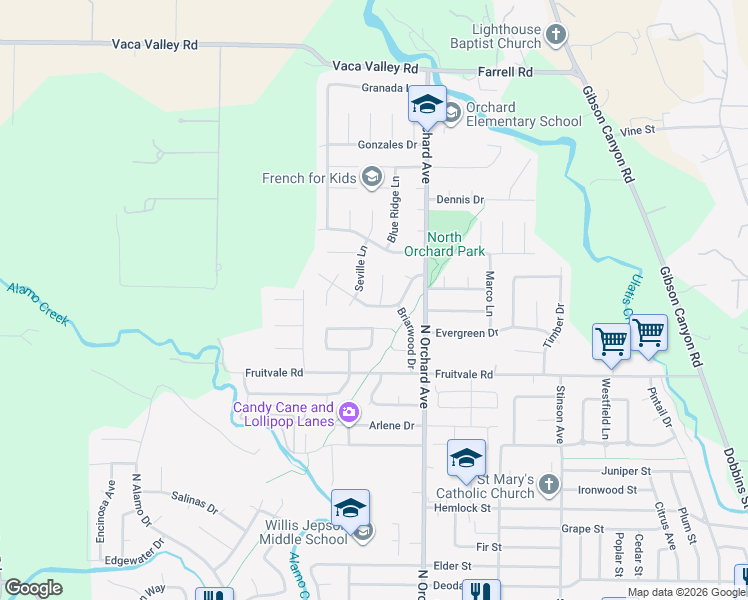 map of restaurants, bars, coffee shops, grocery stores, and more near 401 Alicante Court in Vacaville