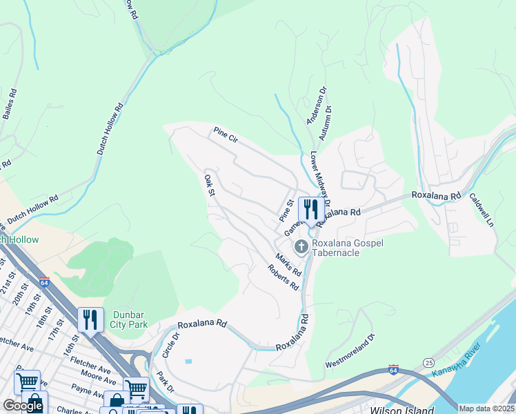 map of restaurants, bars, coffee shops, grocery stores, and more near 117 Oak Street in Dunbar