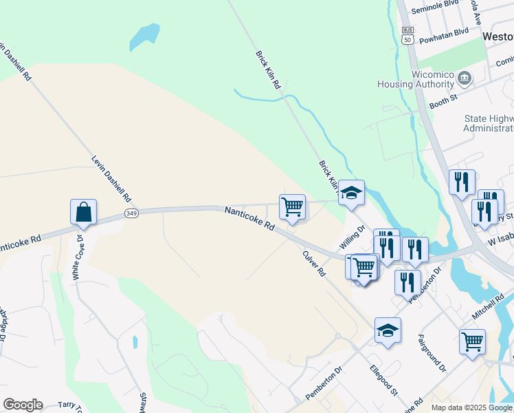 map of restaurants, bars, coffee shops, grocery stores, and more near 28419 Old Quantico Road in Salisbury