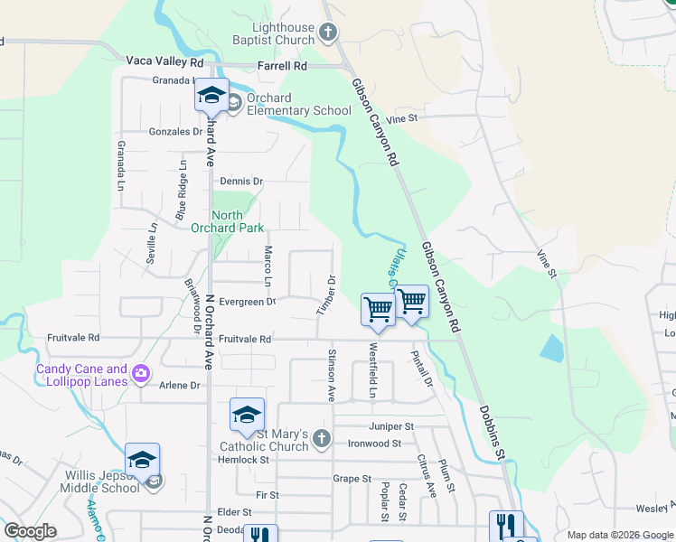 map of restaurants, bars, coffee shops, grocery stores, and more near 361 Timber Drive in Vacaville