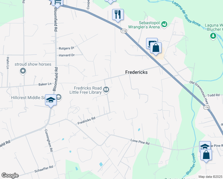 map of restaurants, bars, coffee shops, grocery stores, and more near 6087 Fredricks Road in Sebastopol