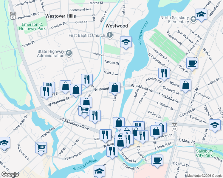 map of restaurants, bars, coffee shops, grocery stores, and more near 506 West Isabella Street in Salisbury