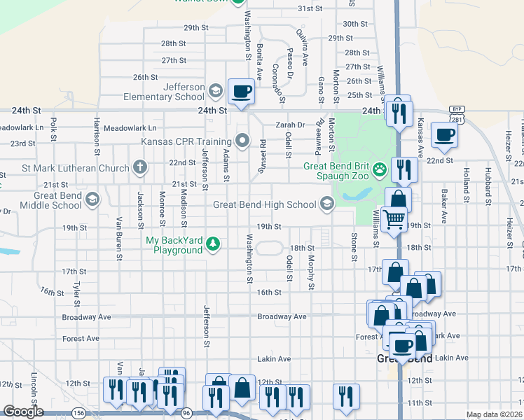 map of restaurants, bars, coffee shops, grocery stores, and more near 2547 20th Street in Great Bend