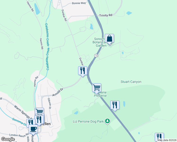 map of restaurants, bars, coffee shops, grocery stores, and more near 13255 Sonoma Highway in Glen Ellen