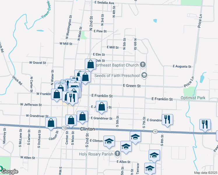 map of restaurants, bars, coffee shops, grocery stores, and more near 101-199 North 4th Street in Clinton