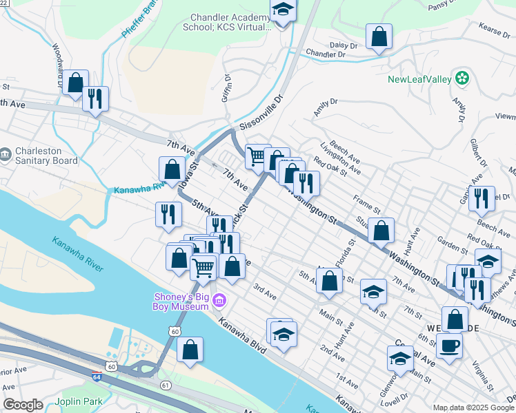 map of restaurants, bars, coffee shops, grocery stores, and more near 1633 7th Avenue in Charleston