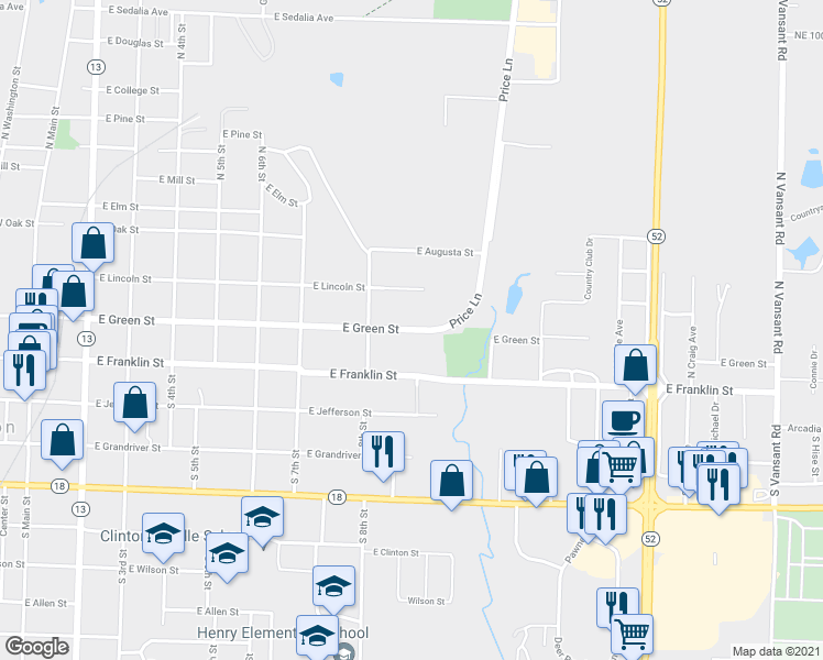 map of restaurants, bars, coffee shops, grocery stores, and more near 200 Price Lane in Clinton