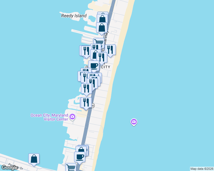 map of restaurants, bars, coffee shops, grocery stores, and more near 4503 Atlantic Avenue in Ocean City