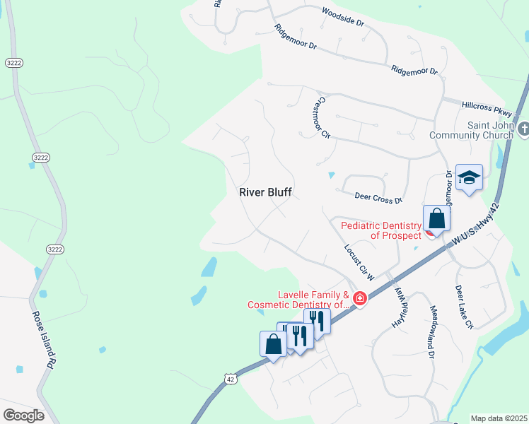 map of restaurants, bars, coffee shops, grocery stores, and more near 13327 Creekview Road in Prospect