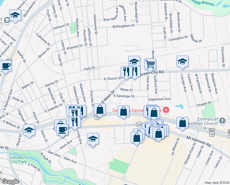 map of restaurants, bars, coffee shops, grocery stores, and more near 1106 East Main Street in Salisbury