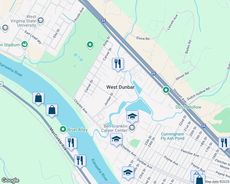 map of restaurants, bars, coffee shops, grocery stores, and more near 501-541 Capehart Ln in Dunbar