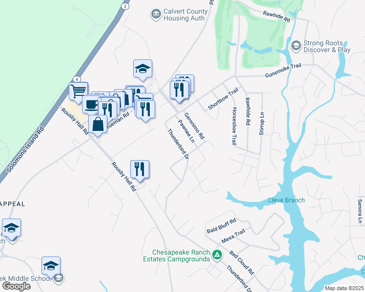 map of restaurants, bars, coffee shops, grocery stores, and more near 178 Thunderbird Drive in Lusby