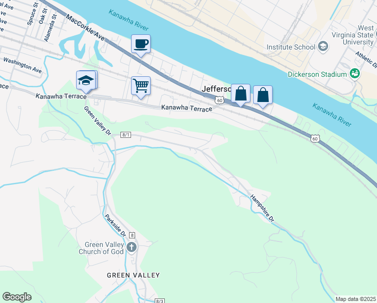 map of restaurants, bars, coffee shops, grocery stores, and more near 162 Green Valley Drive in St. Albans