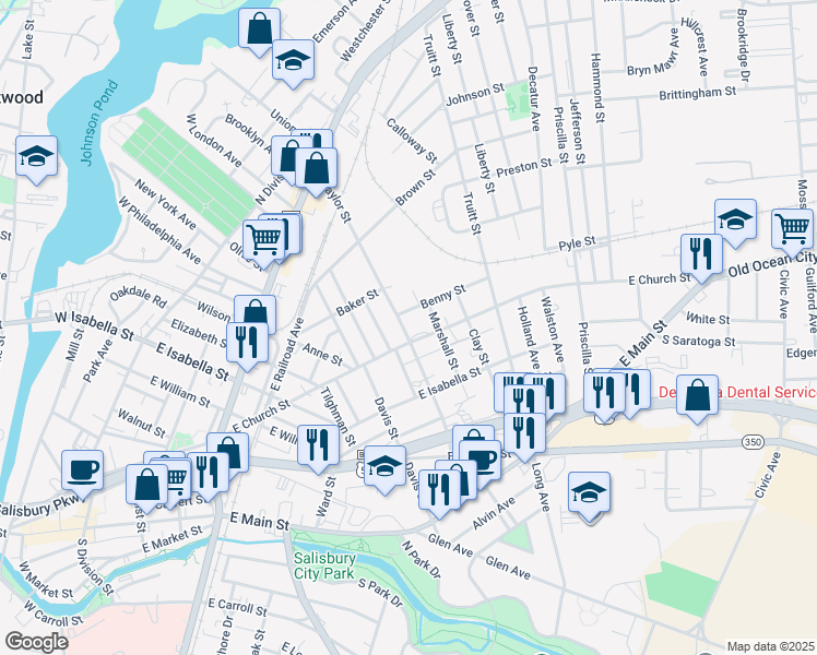 map of restaurants, bars, coffee shops, grocery stores, and more near 801 East Church Street in Salisbury