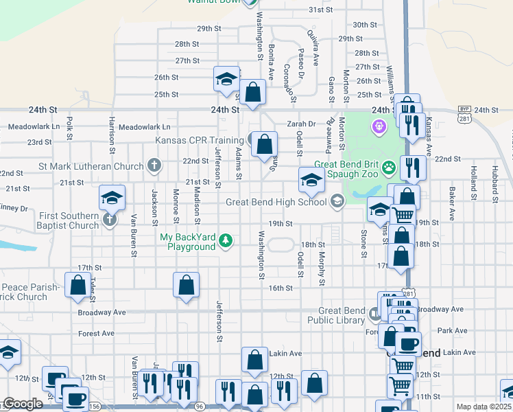 map of restaurants, bars, coffee shops, grocery stores, and more near 2601 20th Street in Great Bend