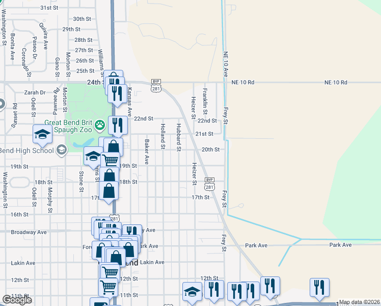 map of restaurants, bars, coffee shops, grocery stores, and more near 1919 Heizer Street in Great Bend
