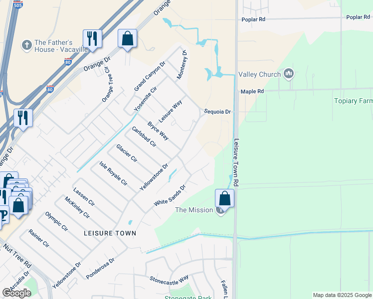 map of restaurants, bars, coffee shops, grocery stores, and more near 636 Yellowstone Drive in Vacaville