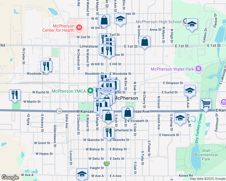 map of restaurants, bars, coffee shops, grocery stores, and more near 306 North Main Street in McPherson