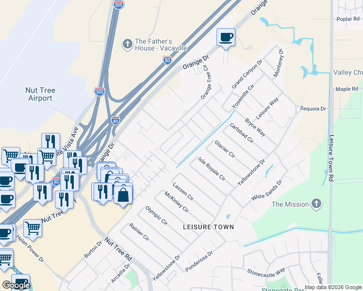 map of restaurants, bars, coffee shops, grocery stores, and more near 136 Currant Lane in Vacaville