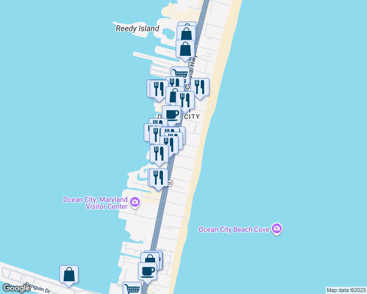 map of restaurants, bars, coffee shops, grocery stores, and more near 5 46th Street in Ocean City