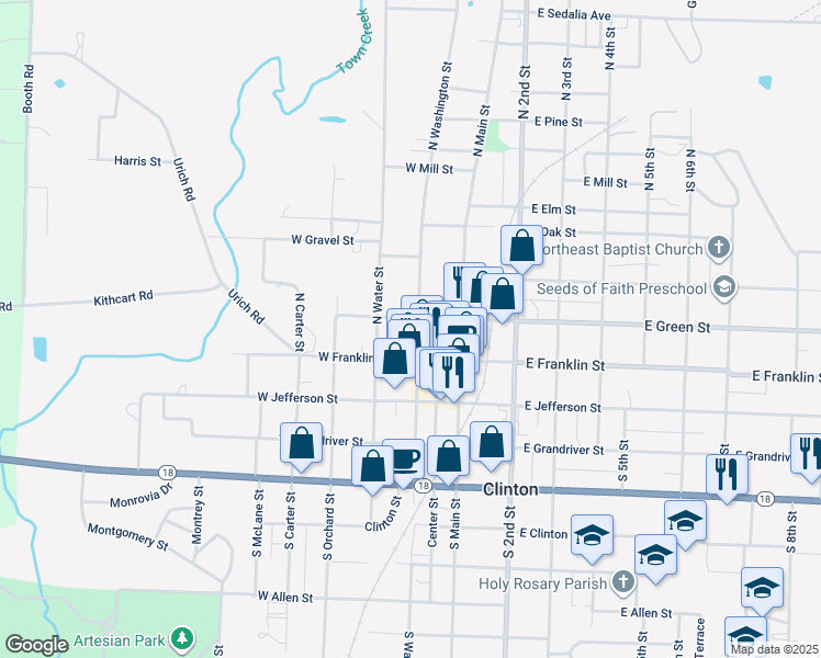 map of restaurants, bars, coffee shops, grocery stores, and more near 113 North Washington Street in Clinton
