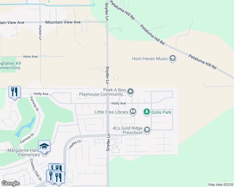 map of restaurants, bars, coffee shops, grocery stores, and more near 1315 Gillpepper Lane in Rohnert Park