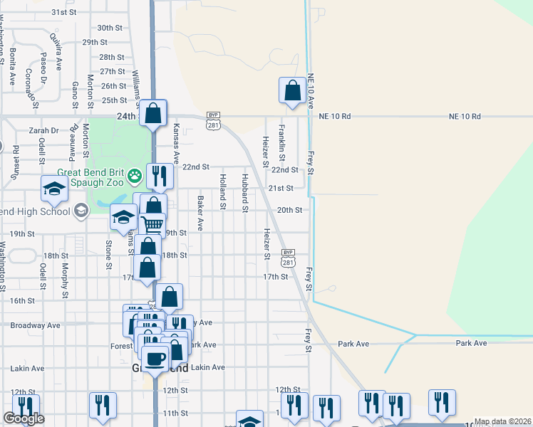 map of restaurants, bars, coffee shops, grocery stores, and more near 1919 Heizer Street in Great Bend