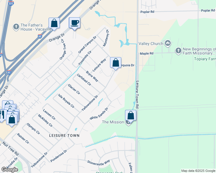 map of restaurants, bars, coffee shops, grocery stores, and more near 636 Yellowstone Drive in Vacaville