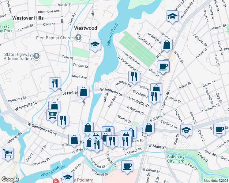 map of restaurants, bars, coffee shops, grocery stores, and more near 233 Oakdale Road in Salisbury
