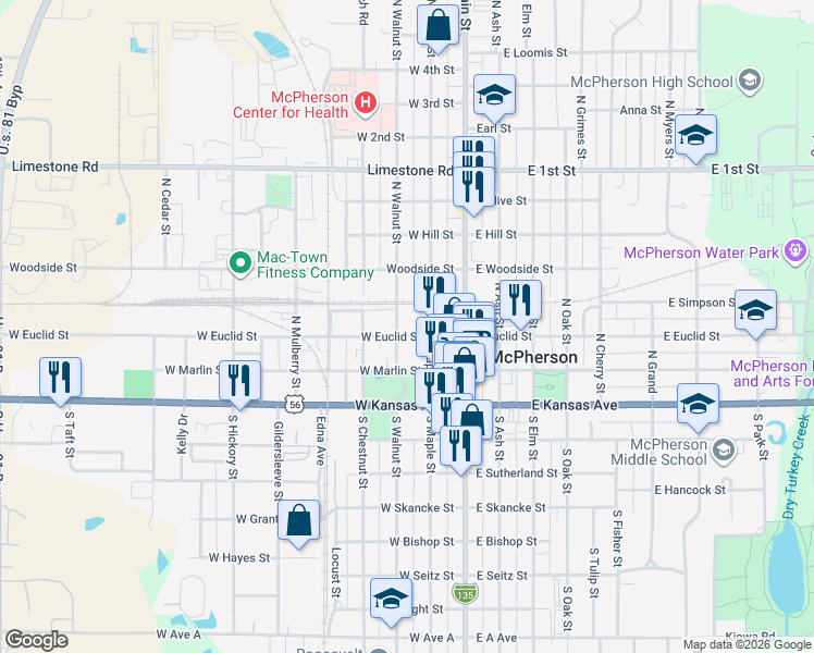 map of restaurants, bars, coffee shops, grocery stores, and more near 222 W Euclid St in McPherson