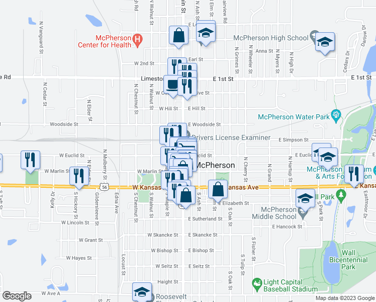 map of restaurants, bars, coffee shops, grocery stores, and more near 306 North Main Street in McPherson