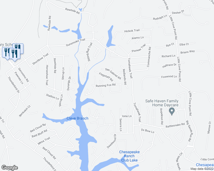 map of restaurants, bars, coffee shops, grocery stores, and more near 14276 Running Fox Road in Lusby