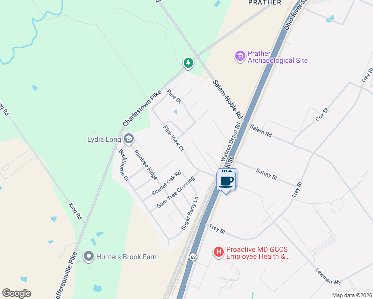 map of restaurants, bars, coffee shops, grocery stores, and more near 5900 Pine Circle in Jeffersonville