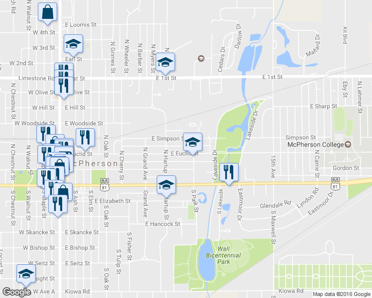 map of restaurants, bars, coffee shops, grocery stores, and more near 737 East Euclid Street in McPherson