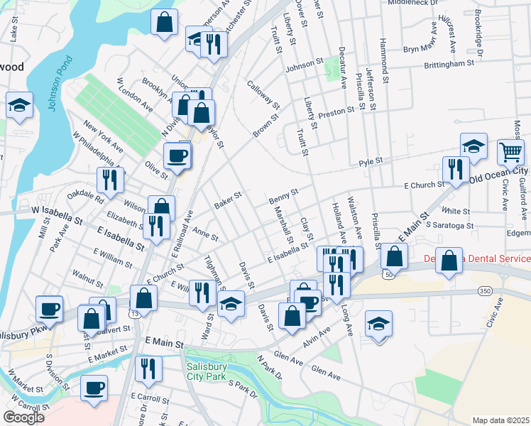 map of restaurants, bars, coffee shops, grocery stores, and more near 801 East Church Street in Salisbury