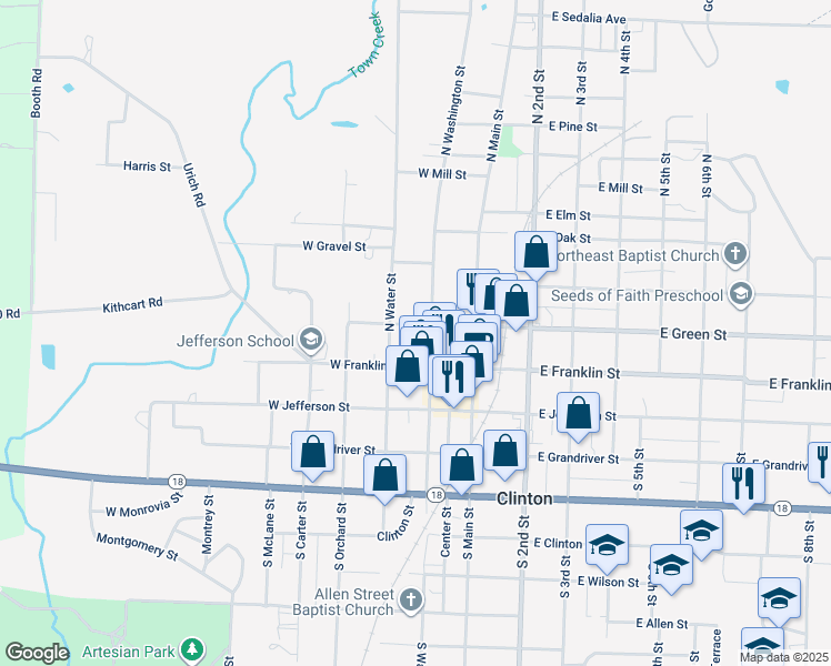 map of restaurants, bars, coffee shops, grocery stores, and more near 113 North Washington Street in Clinton