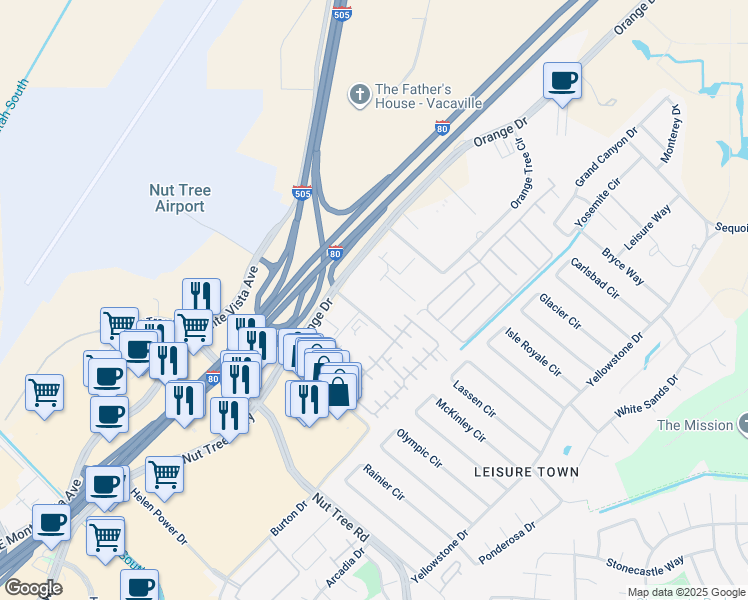 map of restaurants, bars, coffee shops, grocery stores, and more near 151 Lawrence Dr in Vacaville
